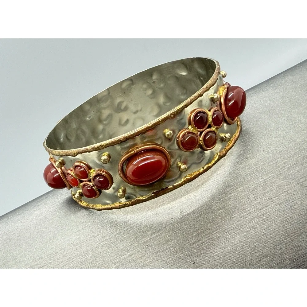Vintage Boho red Cabochon Studded Bangle Bracelet Hammered Silver Tone Statement